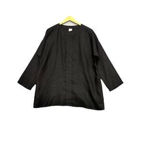 Linenbee Tunic Top Sz‎ XL 100% Linen Black Long Sleeve Lagenlook Resort Oversize